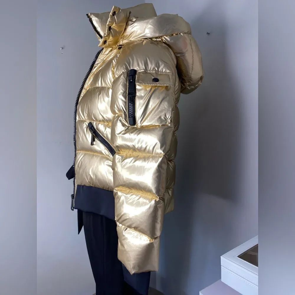 🛍️SAM New York Womans Bungalow Down Puffer Jacket Coat Size M Gold Hooded - Picture 13 of 16